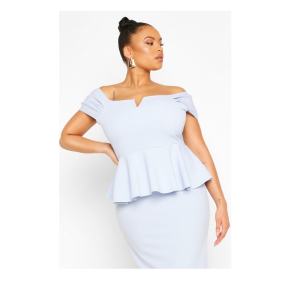 Boohoo Plus Off The Shoulder Peplum Midi Dress Size US 14 Blush Pink Color - Picture 4 of 5